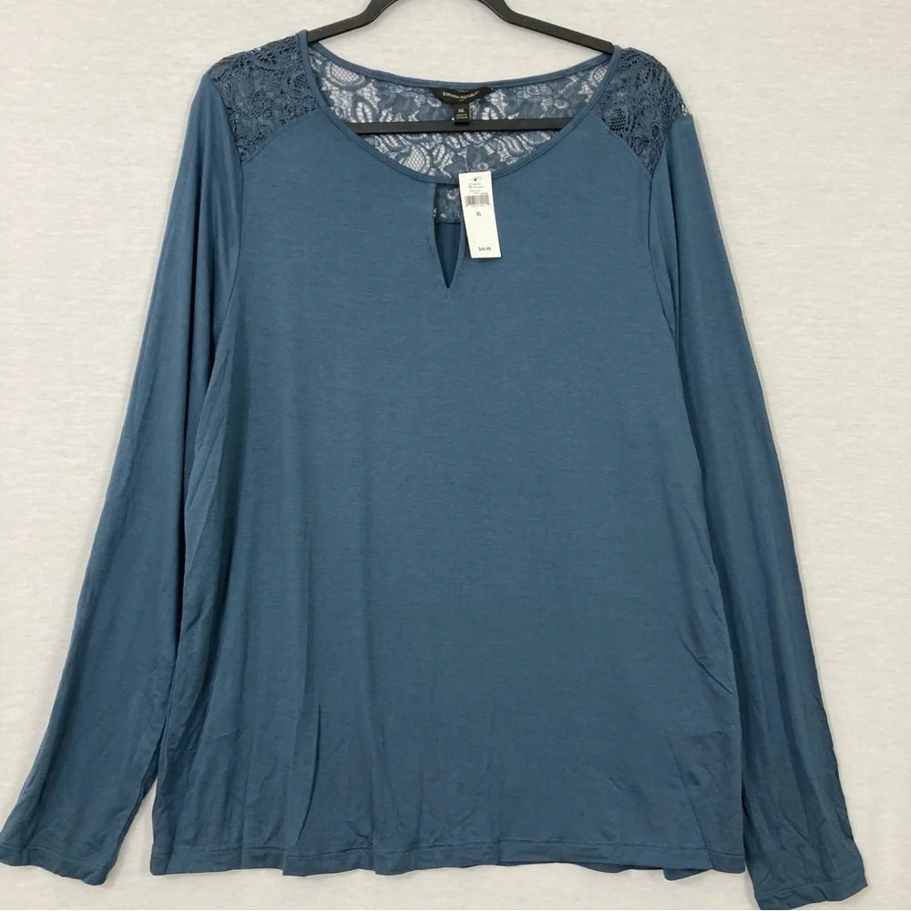 New Banana Republic‎ Blue Long Sleeve Stretch Lace Detail Pullover Top XL